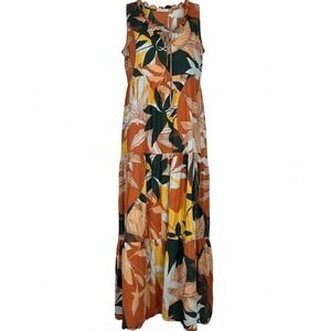 Boho Tropical Tiered Cotton Maxi Dress XS Resort Beach Vacation Cottagecore